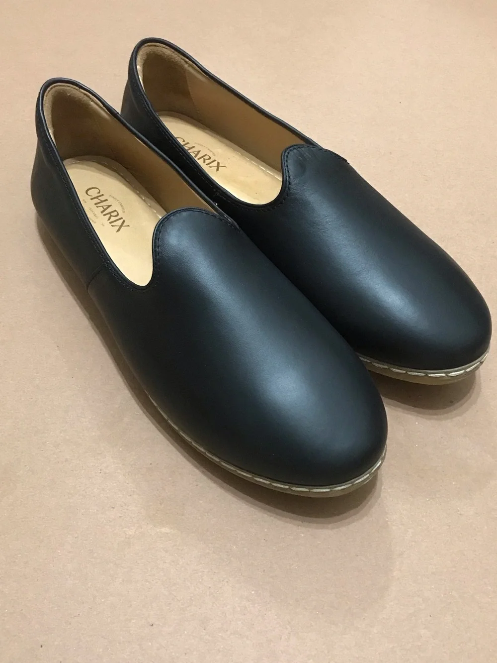 CHARIX Black Leather Slip-On Loafers with Tan Insole Size 46 US 12